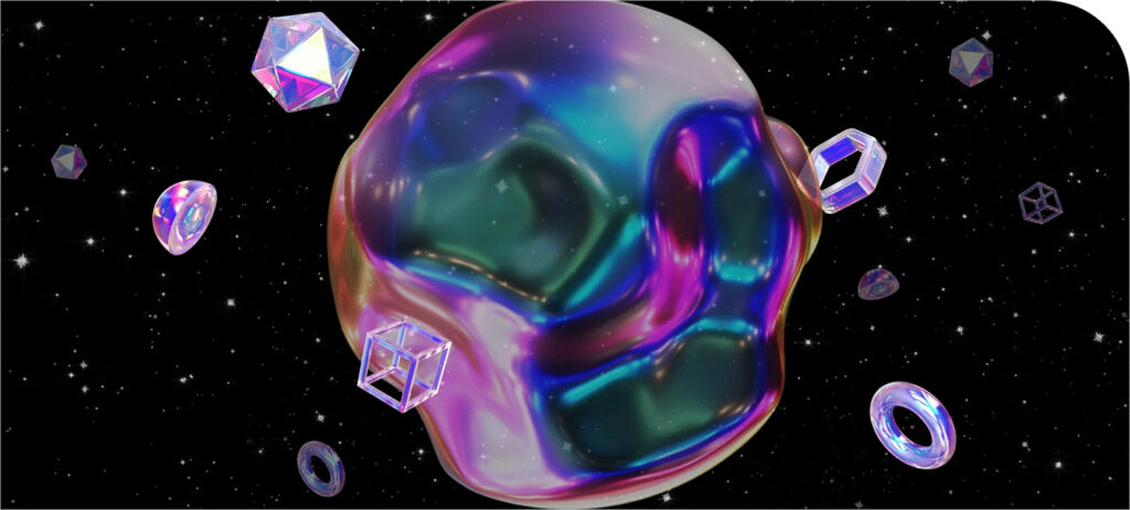 Iridescent creative artwork floating in a dark space